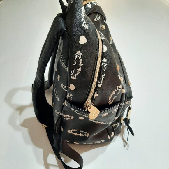 BETSEY JOHNSON Black White & Gold Large Heart Charm Backpack Roses Lining main image 6